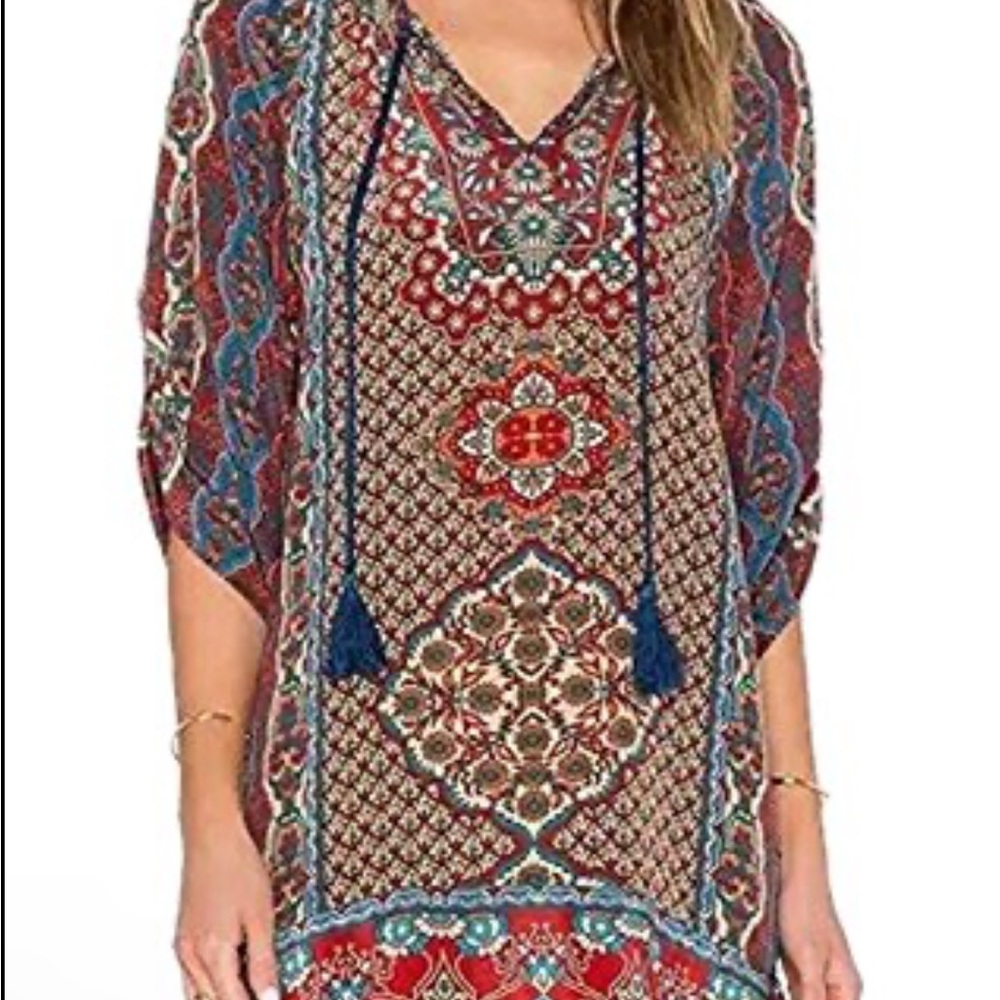 Urban CoCo Red Blue Boho Floral Dolman Sleeve Mini Dress XL EUC Resortwear Vaca